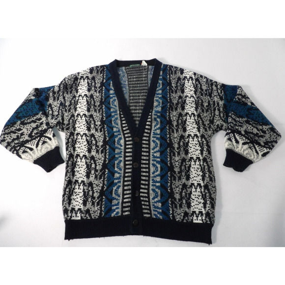 Vintage Stefano Man Cardigan Large Button Up Knit 90s Blue Black 3D Grandpa READ - Picture 1 of 11